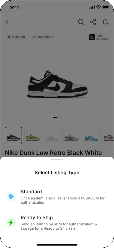 Select Listing Type sheet (Standard vs. Ready to Ship)