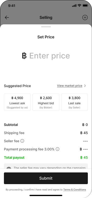 Set Price screen with Suggested Price and fee breakdown