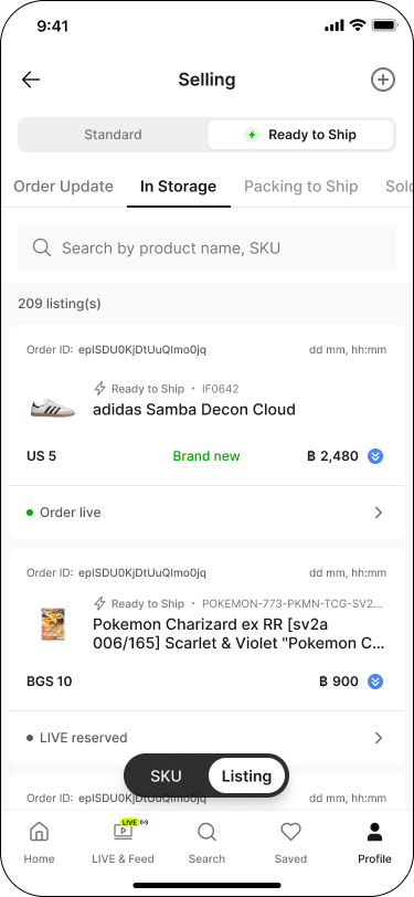Selling screen, In Storage tab
