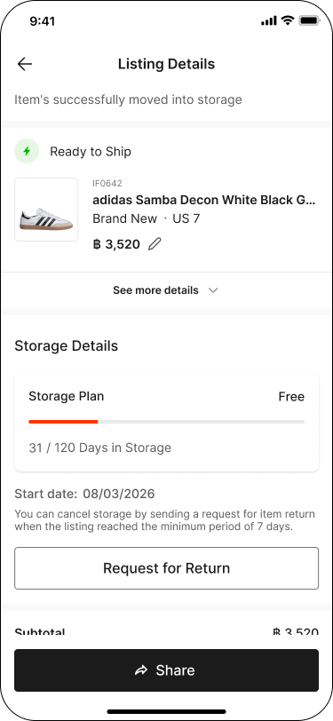 Listing Details screen with Request for Return button