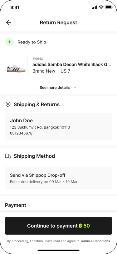 Return Request screen with Shipping & Returns, Shipping Method, Continue to payment