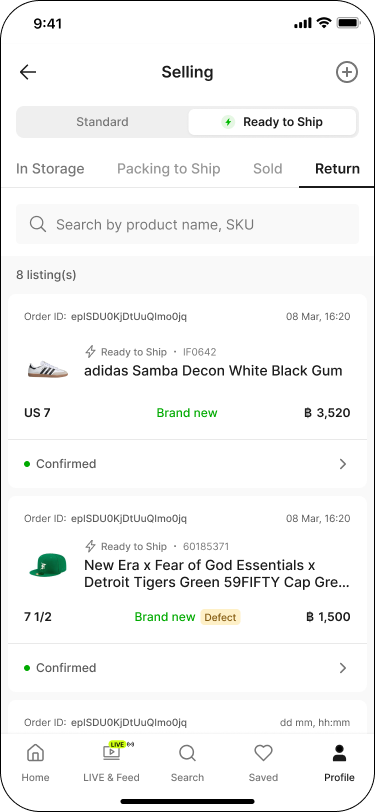 Selling screen, Return tab, items showing 'Confirmed' status
