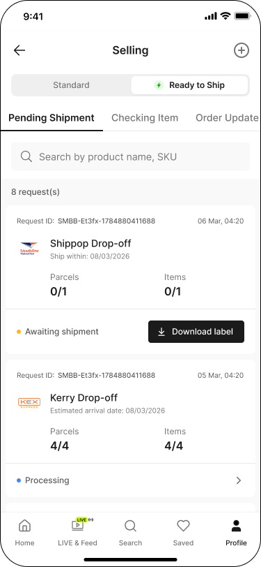 Selling screen, Ready to Ship tab, Pending Shipment list with Download label buttons