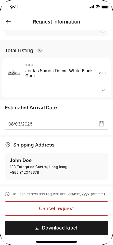 Request Information screen showing cancellation deadline and Cancel request button