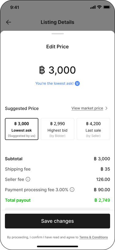 Edit Price screen with Suggested Price and fee breakdown